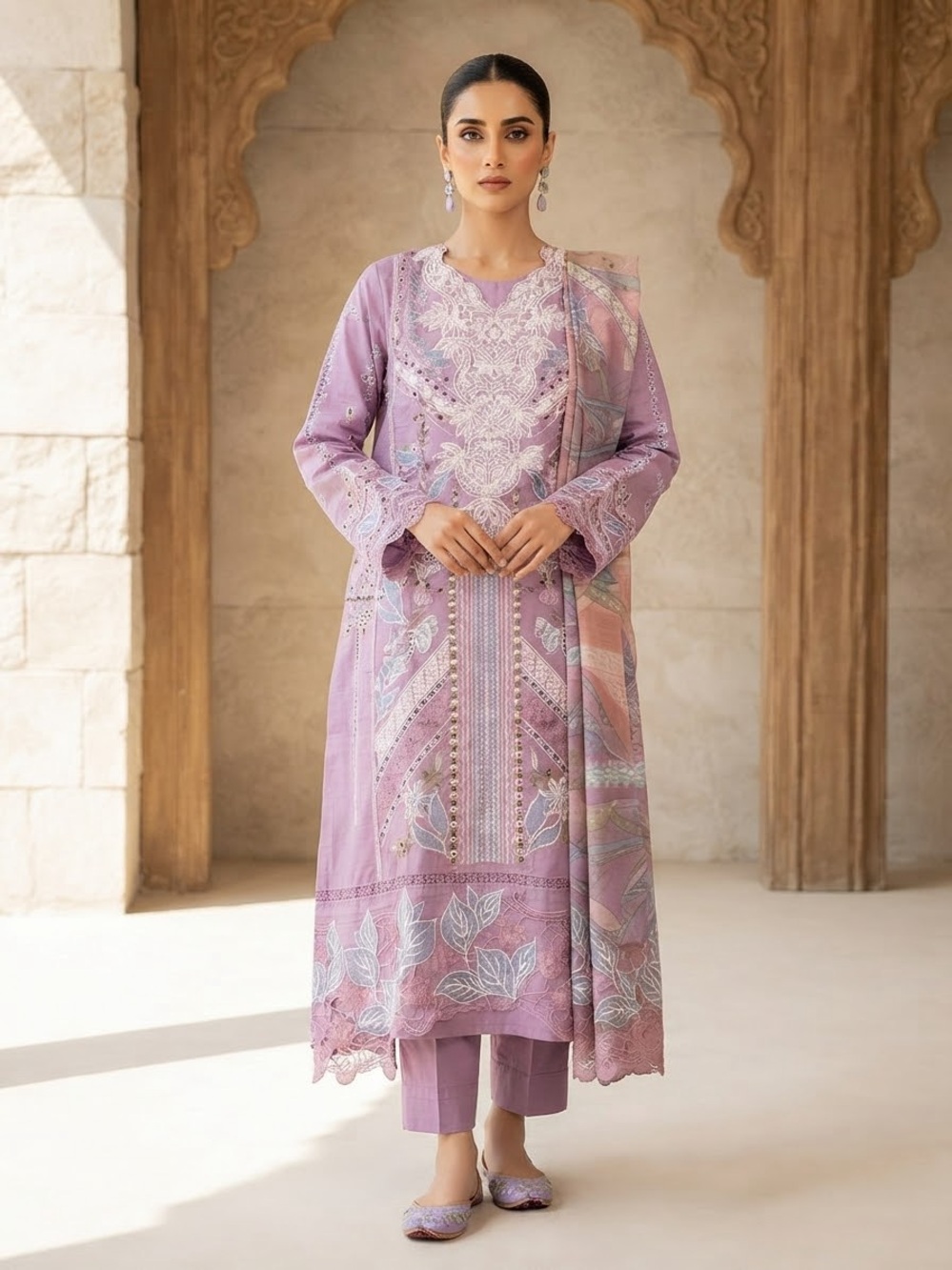 Lavender Embroidered Straight-Cut Women's Dress Lawn suit